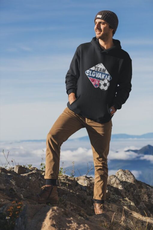 pullover hoodie mockup featuring a man at the top of a mountain 3048